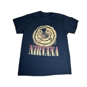 Nirvana Men's Smiley Logo Graphic Print Tee MEDIUM- Black with Gradient Graphic